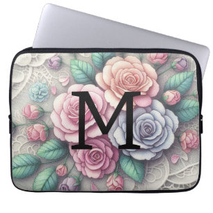 Housse Pour Ordinateur Portable Dentelle monogramme fleurs roses violettes bleues