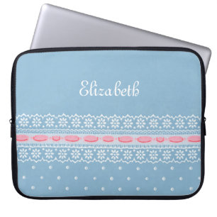 Housse Pour Ordinateur Portable Dentelle rose Fille Pois Bleue Avec Nom
