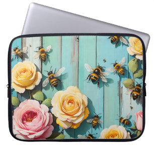 Housse Pour Ordinateur Portable Des abeilles occupées avec des roses roses roses e
