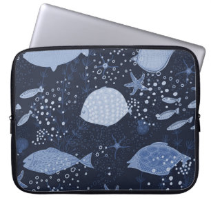 Housse Pour Ordinateur Portable Des poissons endormis monochromes, motif foncé.