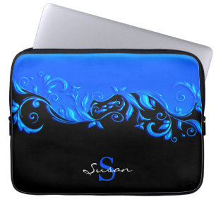 Housse Pour Ordinateur Portable Design floral bleu sur noir