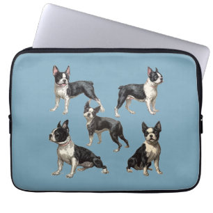 Housse Pour Ordinateur Portable Dessins vintage de Boston Terriers sur fond bleu s