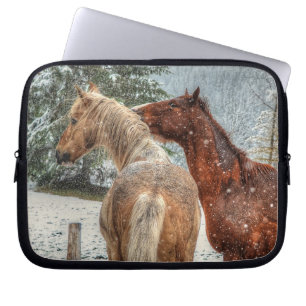 Housse Pour Ordinateur Portable Deux Chevaux de Ranch Jouant en Equine de Neige Ph