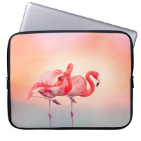 Deux flamants roses dans l'eau au coucher du solei