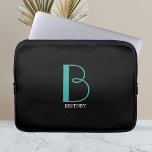Housse Pour Ordinateur Portable DIY Large Monogram & Name, Teal/White Text, Black<br><div class="desc">Personalize this stylish and simple text design with your name in white and your large monogram in Teal on black background.</div>