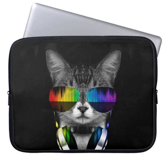 Housse Pour Ordinateur Portable DJ cat with sung and headphones (Devant)