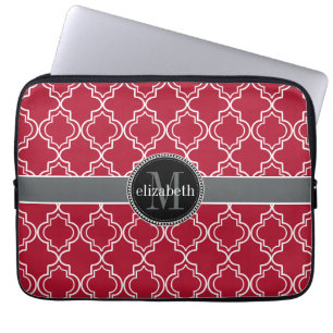 Housse Pour Ordinateur Portable Dk Berry Rouge noir Quatrefoil marocain Monogramme