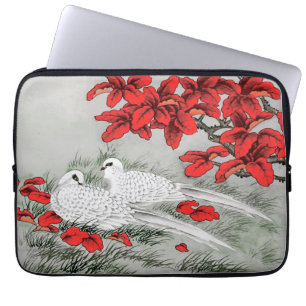Housse Pour Ordinateur Portable Doses blanches vintages et Feuilles rouges en gris