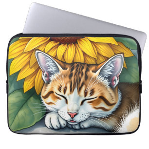 Housse Pour Ordinateur Portable Doux Chat Endormi et Tournesols