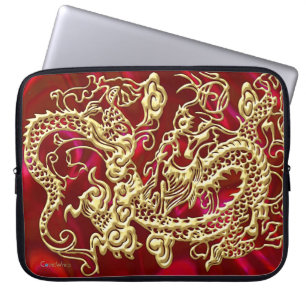 Housse Pour Ordinateur Portable Dragon en or embouti sur impression de satin rouge