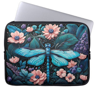 Housse Pour Ordinateur Portable Dragonfly dans un jardin fleuri la nuit