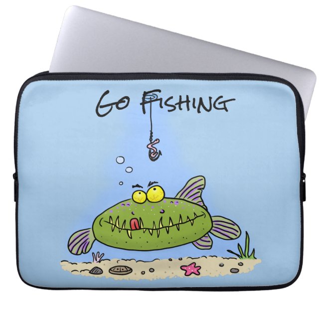 Housse Pour Ordinateur Portable Drôle gras affamé poisson vert dessin de pêche (Devant)