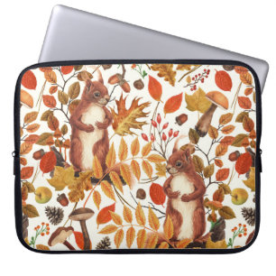 Housse Pour Ordinateur Portable Écureuils d'automne et flore automnale sur le blan