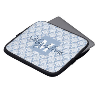 Housse Pour Ordinateur Portable Élégant bleu bleu Vintage Damas Monogramme