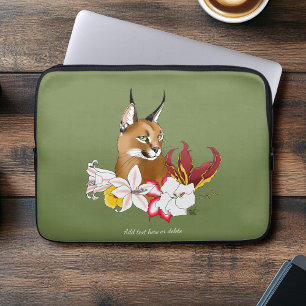 Housse Pour Ordinateur Portable Élégant Caracal Chat Sauvage Lys Floral Vert