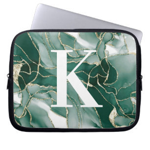 Housse Pour Ordinateur Portable Élégant Chic Green Or Marbre Agate Monogramme