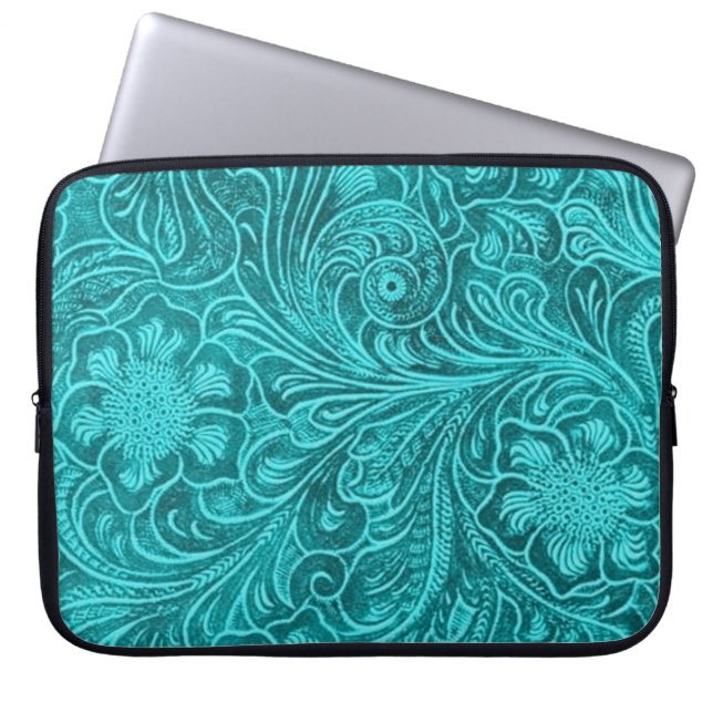 Housse Pour Ordinateur Portable Elégant Cuir Turquoise Look Fleurs Embossées (Devant)
