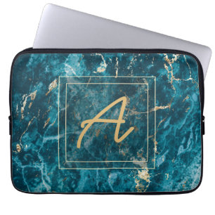 Housse Pour Ordinateur Portable Elégant de luxe Blue Gold Marble Effet Monogramme
