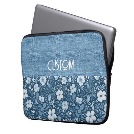 Housse Pour Ordinateur Portable Élégant look Botanique Bleu Faux Denim (devant gauche)