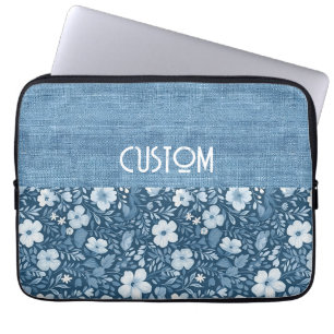 Housse Pour Ordinateur Portable Élégant look Botanique Bleu Faux Denim
