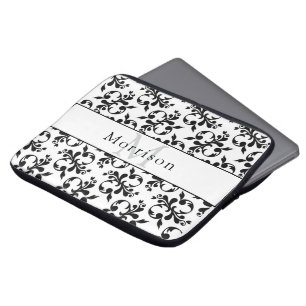 Housse Pour Ordinateur Portable Elégant modèle noir & blanc français Damask