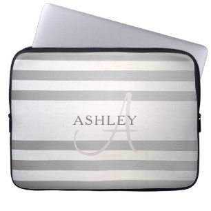 Housse Pour Ordinateur Portable Elegant Monogram Faux Silver Gradient Grey Stripes