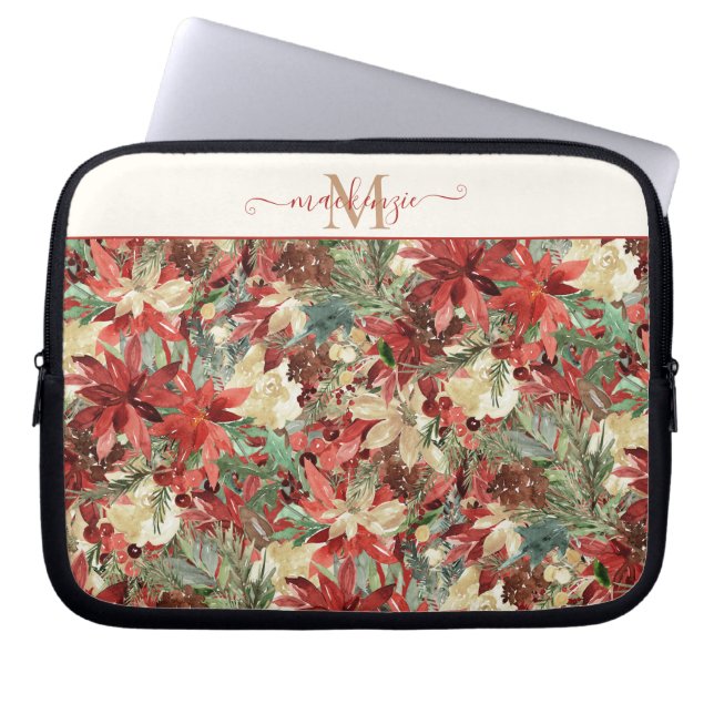 Housse Pour Ordinateur Portable Élégant Monogramme Floral Poinsettia (Devant)