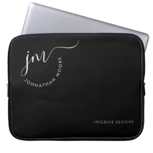 Housse Pour Ordinateur Portable Élégant noir blanc courbure signature Monogramme
