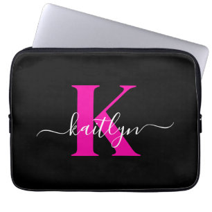 Housse Pour Ordinateur Portable Élégant Noir Hot Rose Script Monogramme