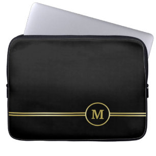 Housse Pour Ordinateur Portable Élégant or Monogramme personnalisé sur noir