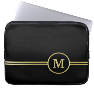 Housse Pour Ordinateur Portable Élégant or Monogramme personnalisé sur noir