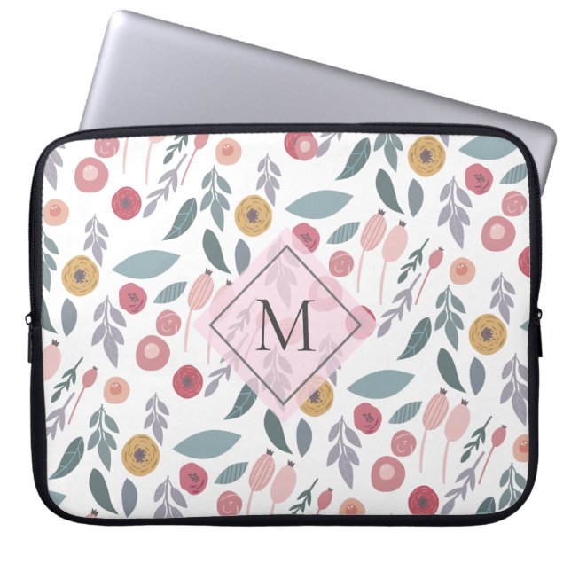 Housse Pour Ordinateur Portable Élégant Pastel Motif Floral Monogramme (Devant)