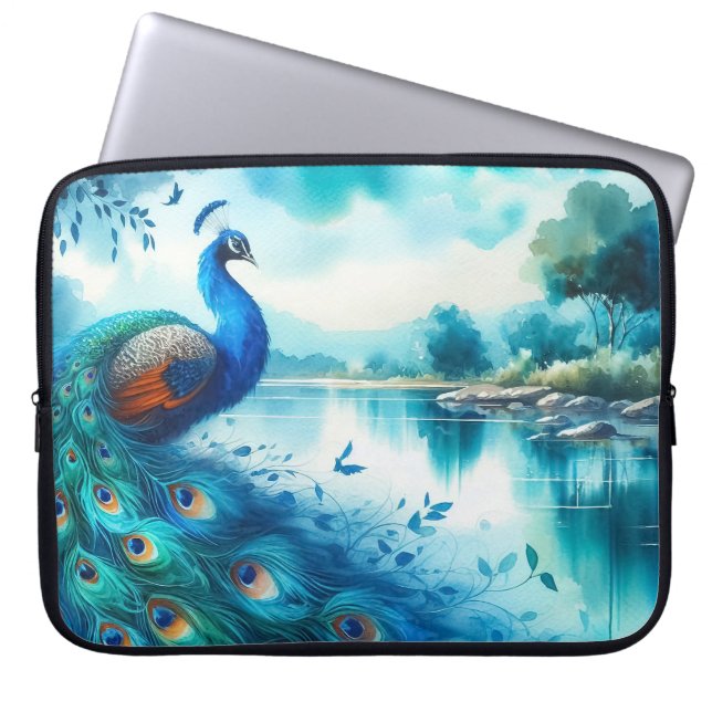 Housse Pour Ordinateur Portable Elégant Peacock Aquarelle (Devant)