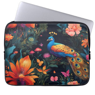 Housse Pour Ordinateur Portable Elégant Peacock Bleu et Or dans Jardin Rose