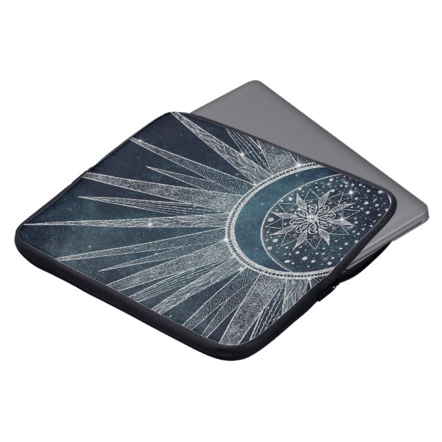 Housse Pour Ordinateur Portable Elégant Silver Sun Moon Doodle Mandala Blue Design (Devant haut)
