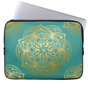 Housse Pour Ordinateur Portable Élégant Turquoise Vert or Mandala Motif
