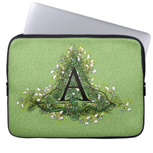 Housse Pour Ordinateur Portable Élégant vert Vintage Floral initial Un monogramme