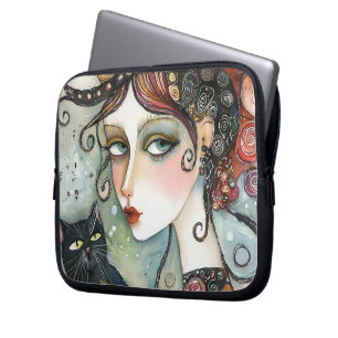 Housse Pour Ordinateur Portable Élégante femme et chatte Ordinateur portable et ta