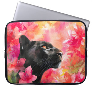 Housse Pour Ordinateur Portable Élégante panthère noire florale sauvage florissant