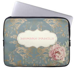 Housse Pour Ordinateur Portable Élégantes roses damassées en or chic