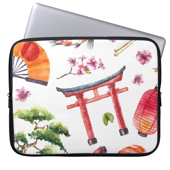 Housse Pour Ordinateur Portable Éléments japonais Aquarelle texture transparente (Devant)