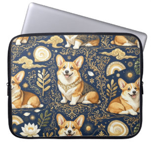 Housse Pour Ordinateur Portable Élever la race Corgi Or Damassé Bleu Marine Motif
