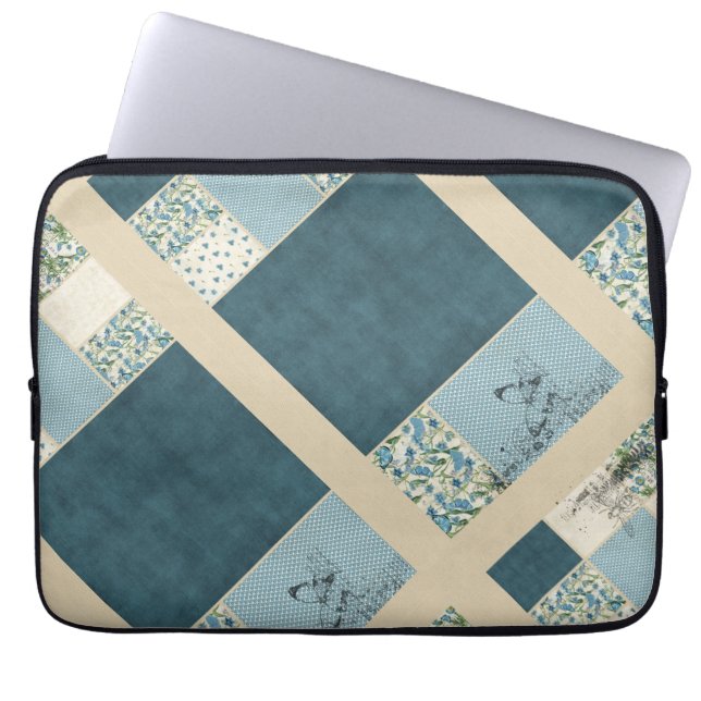Housse pour ordinateur portable en patchwork bleu  (Devant)
