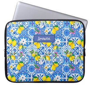 Housse Pour Ordinateur Portable Eté majolica bleu Sicilienne agrumes méditerranéen