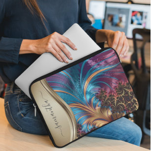 Housse Pour Ordinateur Portable Étui nominatif manuscrit bleu or fractal moderne