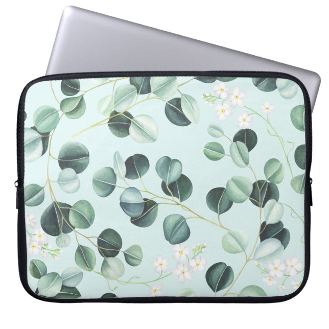 Housse Pour Ordinateur Portable Eucalyptus Bliss : Motif d'aquarelle turquoise. (Devant)