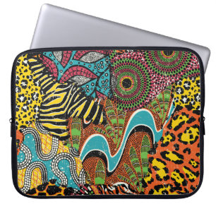 Housse Pour Ordinateur Portable Fabric africain : Patchwork d'animaux sauvages.