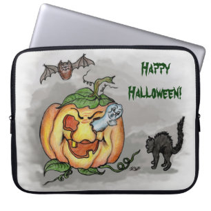 Housse Pour Ordinateur Portable fantôme, chauve-souris et chat, Joyeux Halloween !