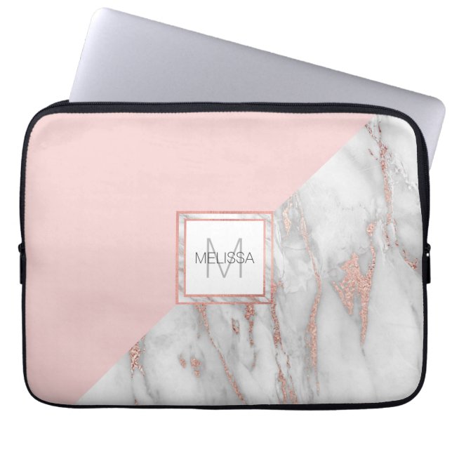Housse Pour Ordinateur Portable Faux Rose Gold Foil Marbre Blush Pink MONOGRAS (Devant)