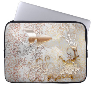 Housse Pour Ordinateur Portable Faux Rose Tourbillon floral or Papillon